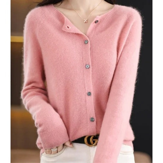 Women's soft knit cardigan with a crew neck and button front - pink