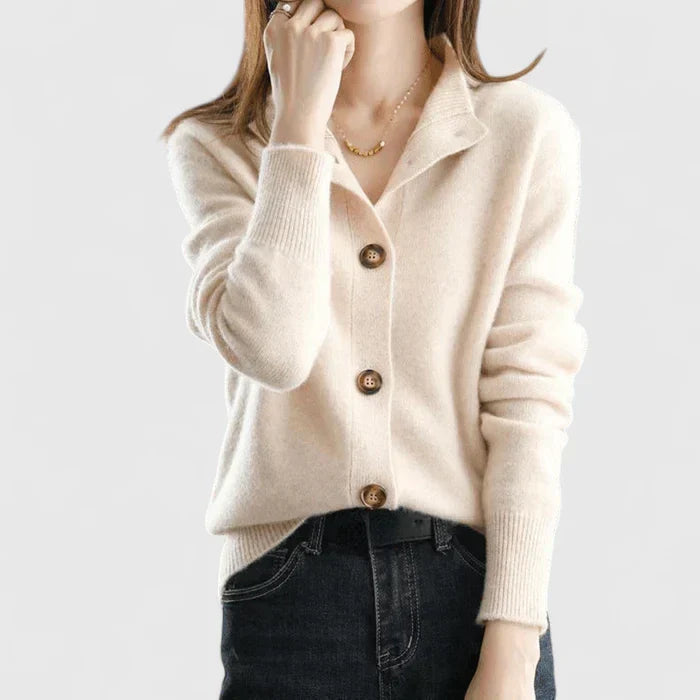 Women's soft knit cardigan with a revere collar and button front - cream