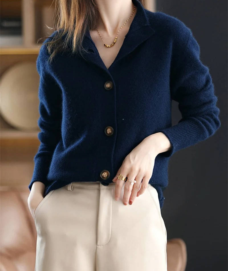Women's soft knit cardigan with a stand collar and button front - navy