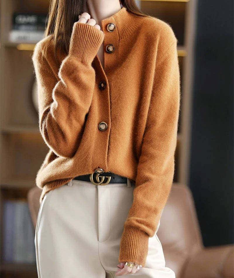 Women's soft knit cardigan with a stand collar and button front - rust