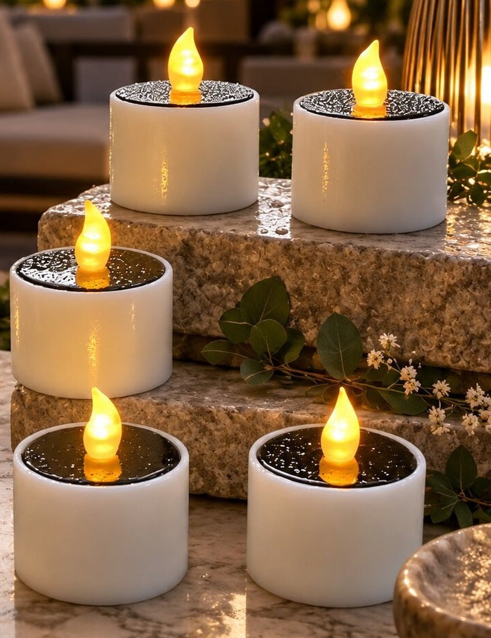 Solar LED tea lights with a solar panel and a flickering flame - view 3