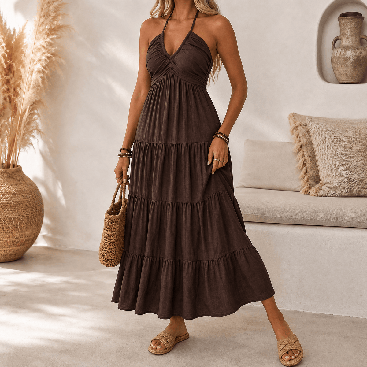 Women's halter tiered maxi dress in Coffee Brown