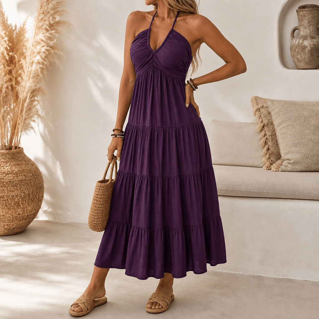 Women's halter tiered maxi dress in Plum