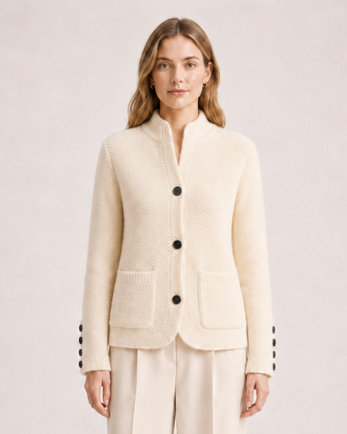 Women's firm knit cardigan with a stand collar and patch pockets - cream
