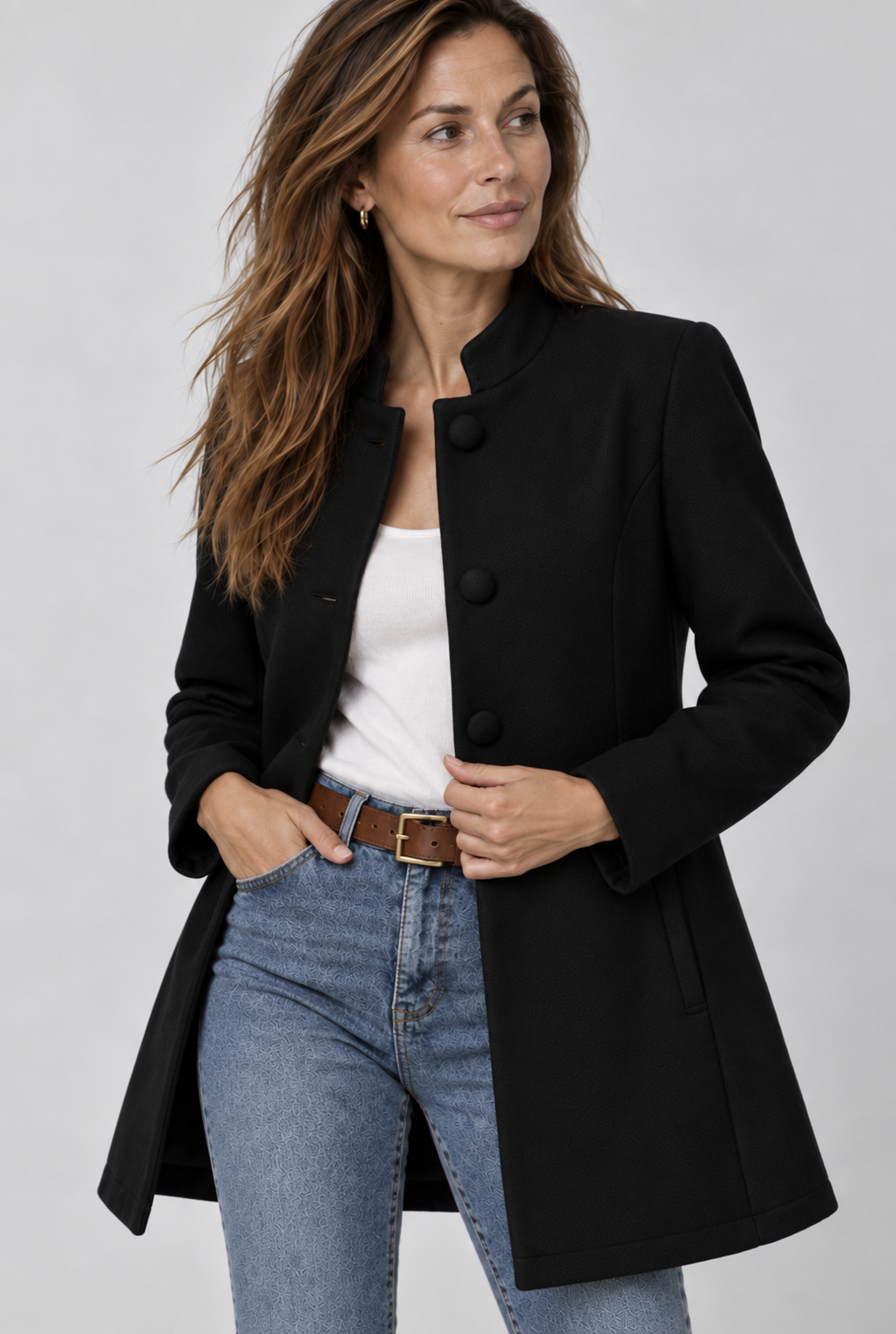 Women's stand collar coat with large buttons - black