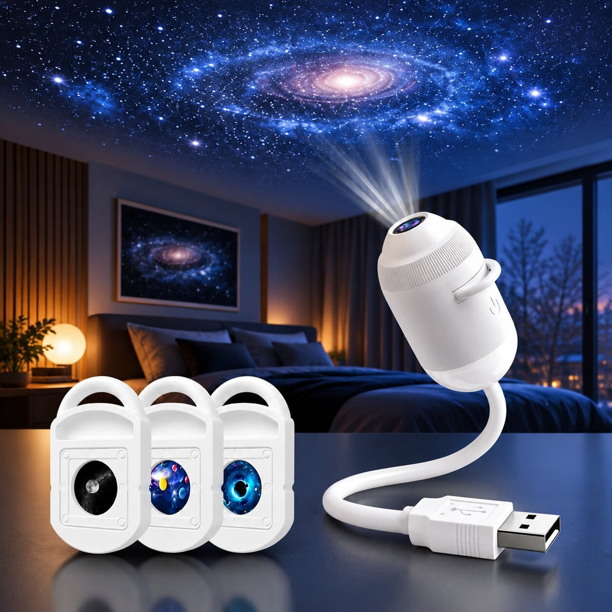 USB starry sky projector with a bendable neck and interchangeable discs - 3 projection discs