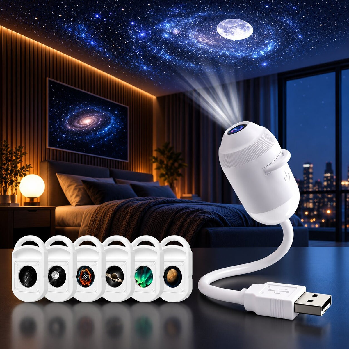 USB starry sky projector with a bendable neck and interchangeable discs - 6 projection discs