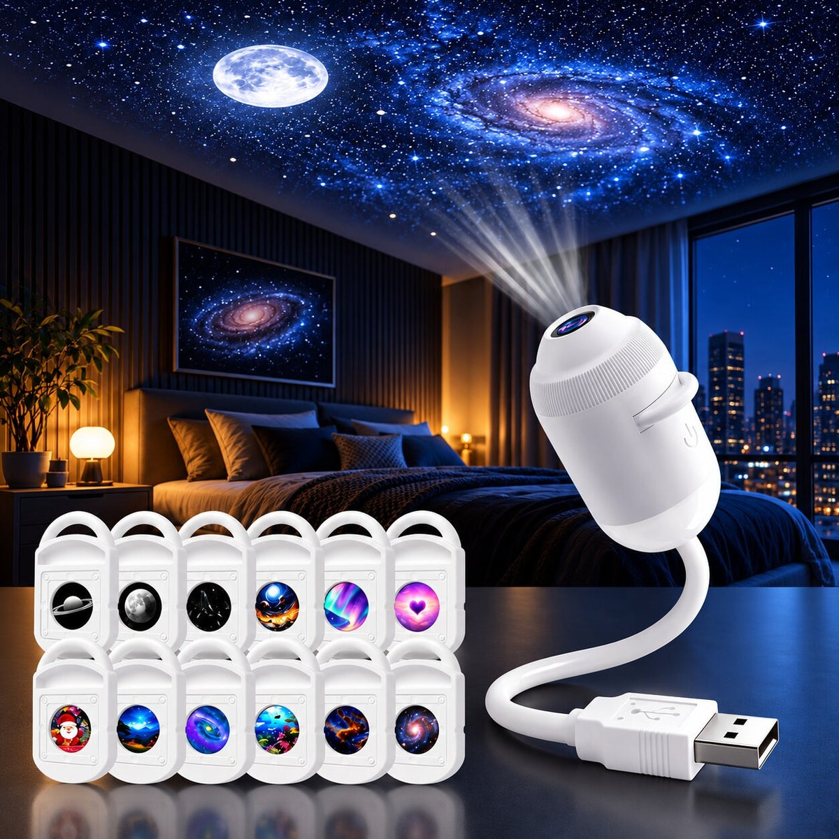 USB starry sky projector with a bendable neck and interchangeable discs - 12 projection discs