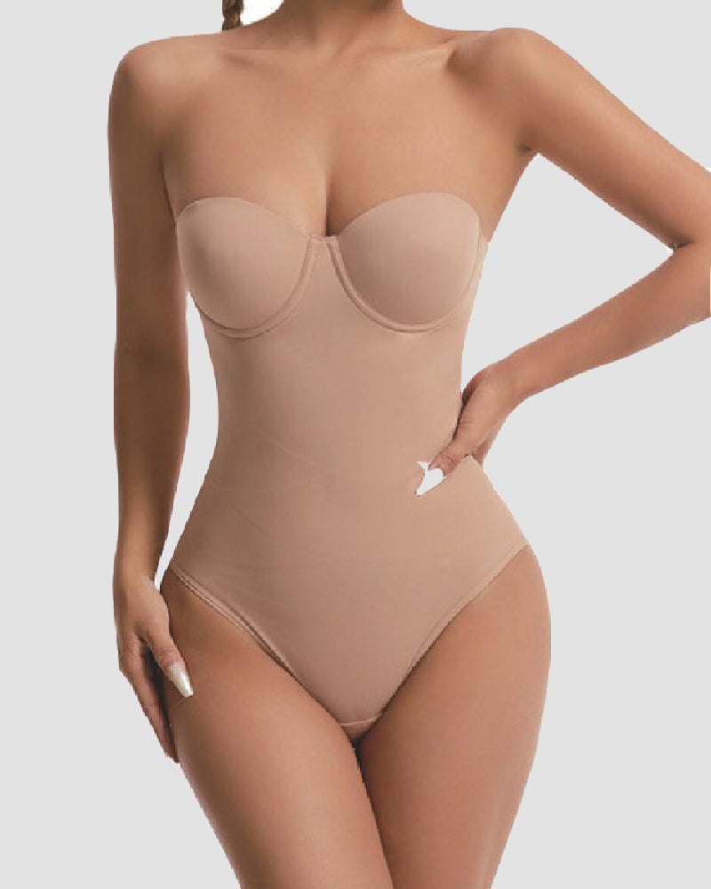 Strapless shapewear bodysuit with moulded cups and detachable straps