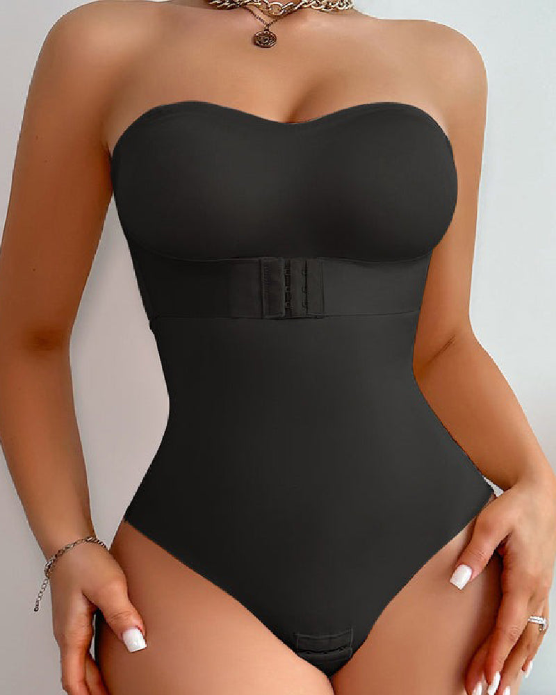 Strapless thong shapewear bodysuit with moulded cups and a hook-and-eye waistband - black