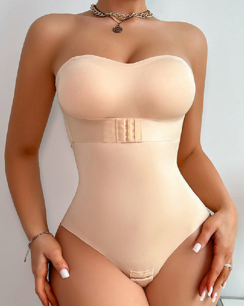 Strapless thong shapewear bodysuit with moulded cups and a hook-and-eye waistband - nude