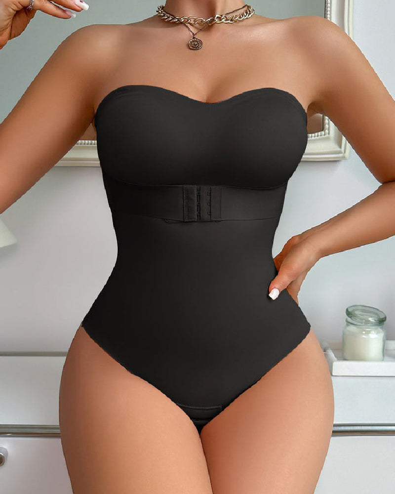 Strapless thong shapewear bodysuit with moulded cups and a hook-and-eye waistband