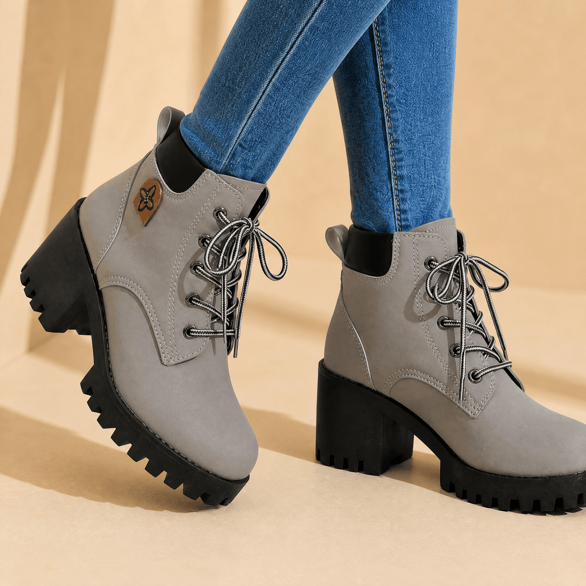 Women's chunky platform lace-up boots in Grey