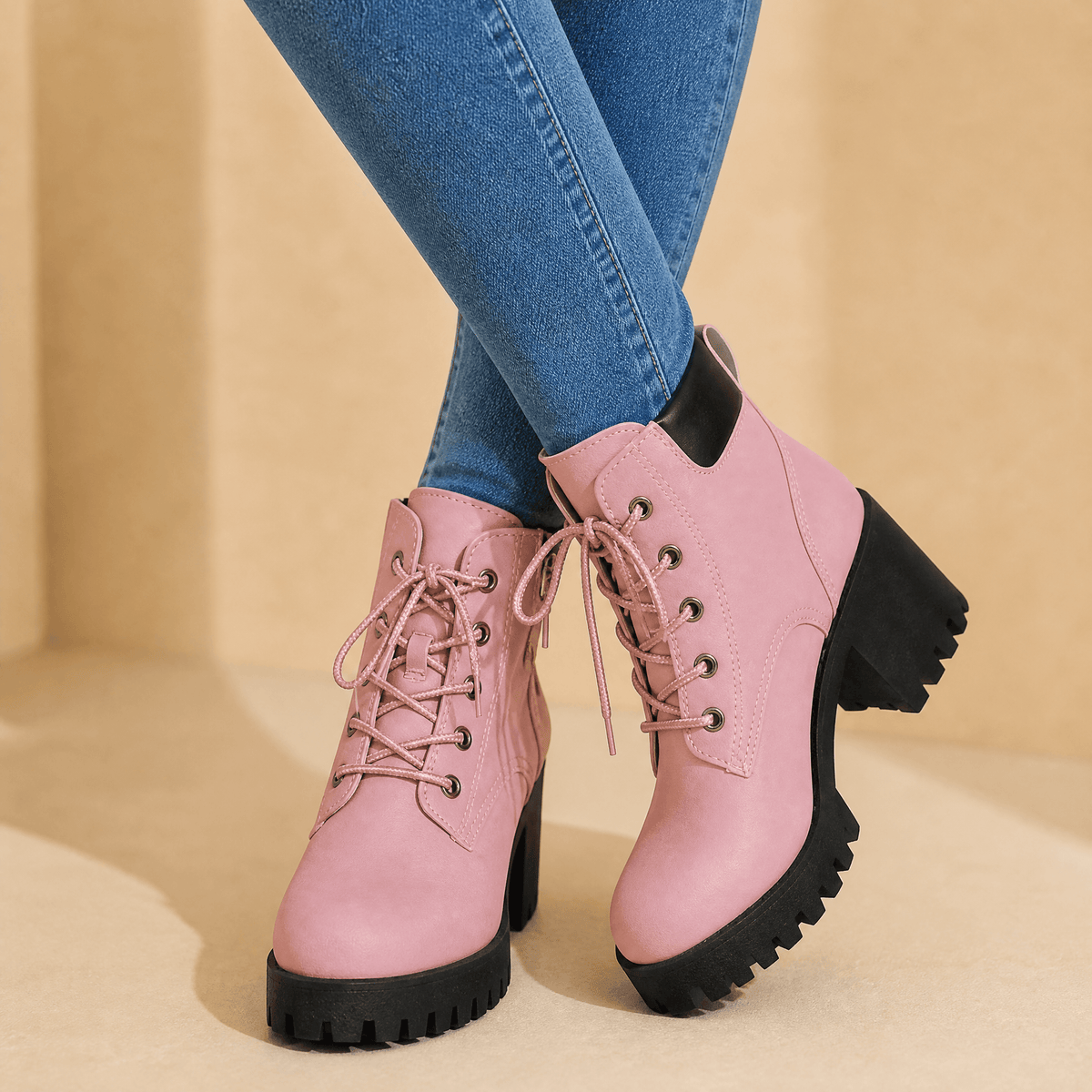 Women's chunky platform lace-up boots in Pink