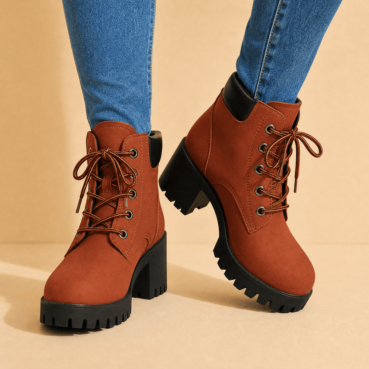 Women's chunky platform lace-up boots in Red
