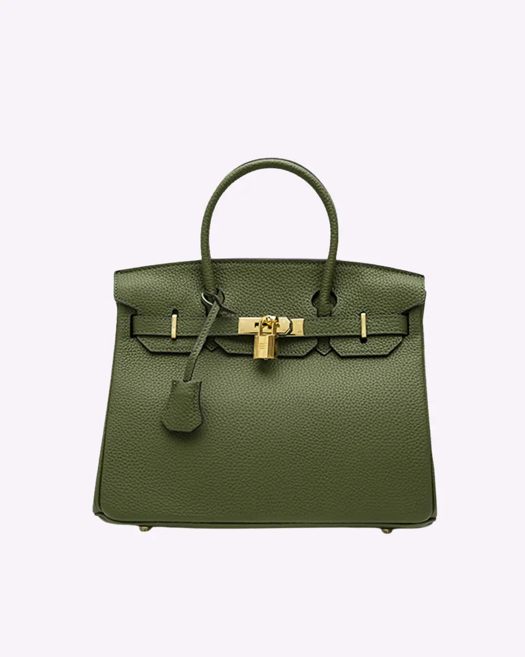 Structured top handle bag with two rolled handles, a flap with turn lock and a padlock - olive