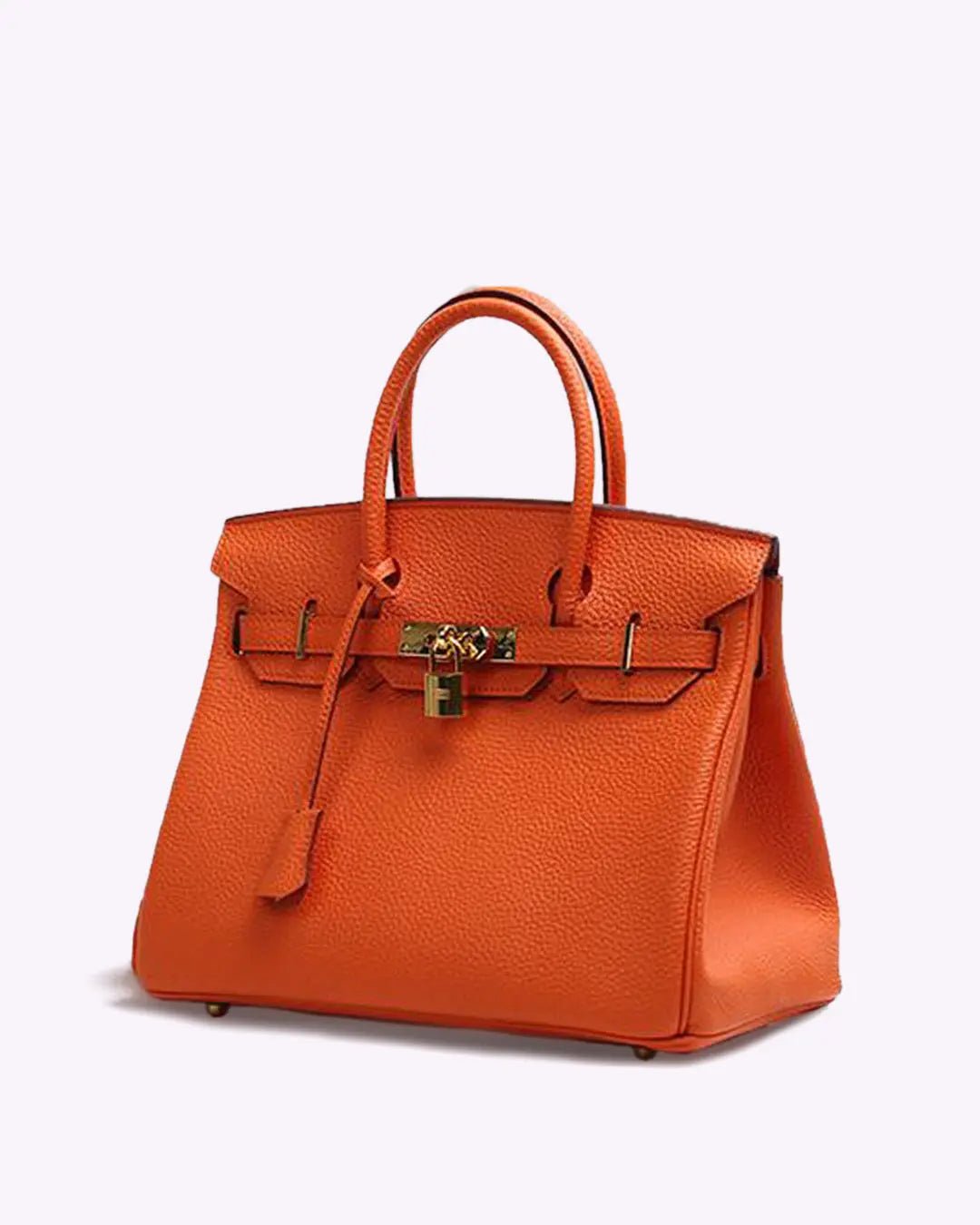 Structured top handle bag with two rolled handles, a flap with turn lock and a padlock - orange