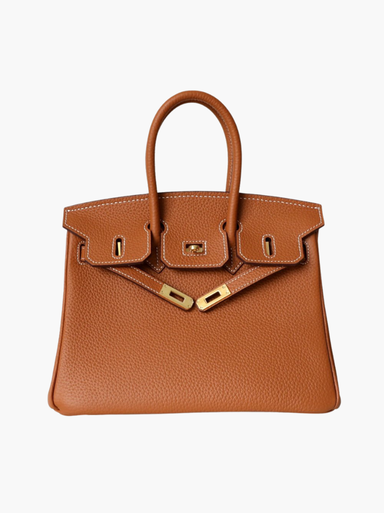 Structured top handle bag with two rolled handles, a flap with turn lock and a padlock - tan