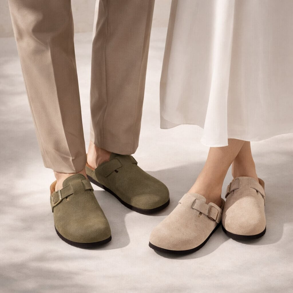 Suede clogs with a cork footbed and buckle strap for women and men - view 2