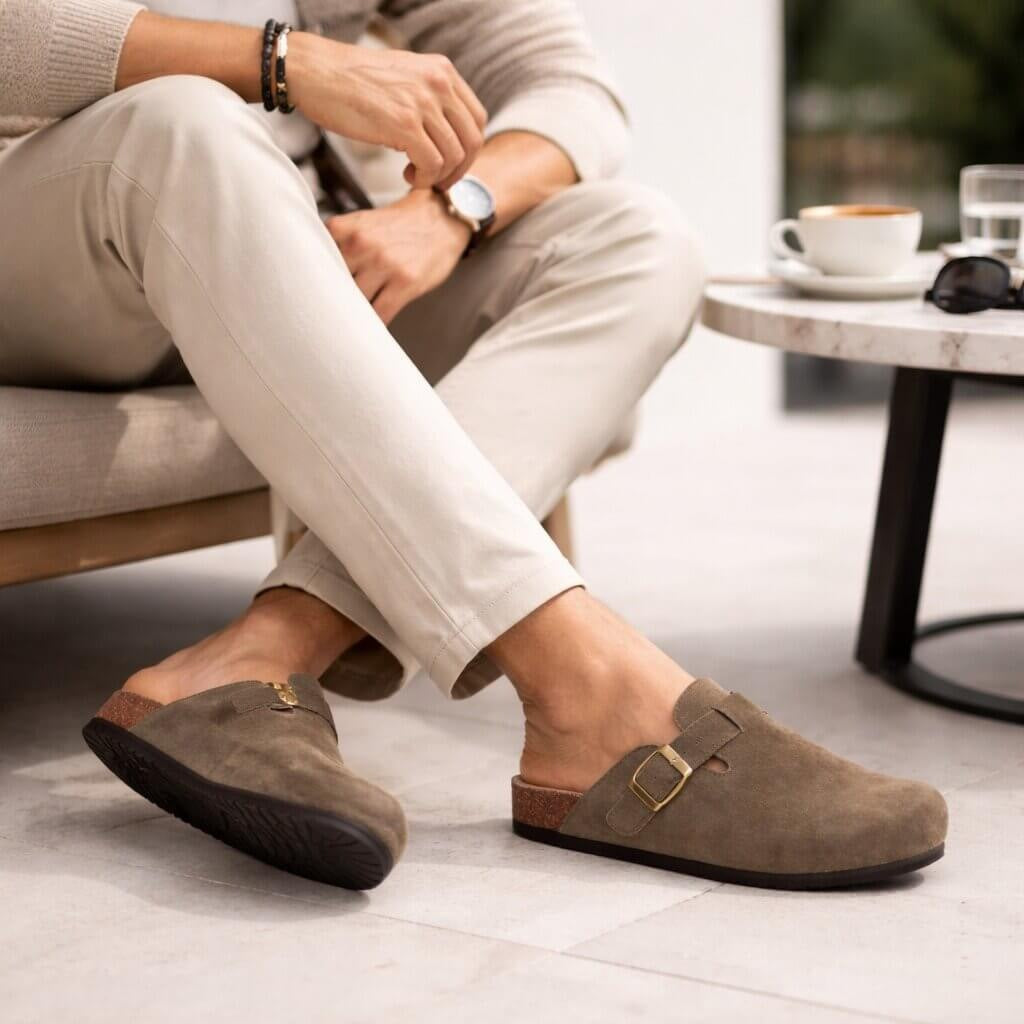 Suede clogs with a cork footbed and buckle strap for women and men - view 3