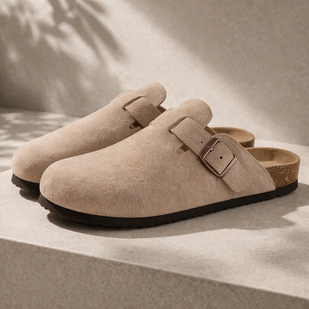 Suede clogs with a cork footbed and buckle strap for women and men - beige