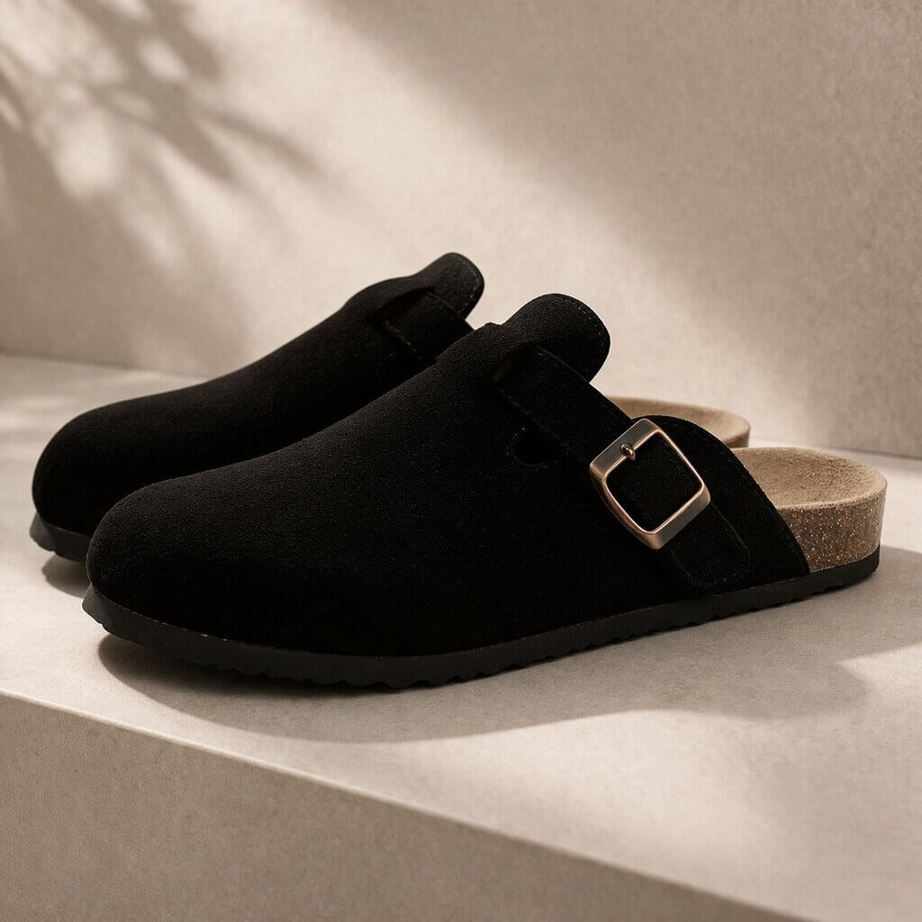 Suede clogs with a cork footbed and buckle strap for women and men - black