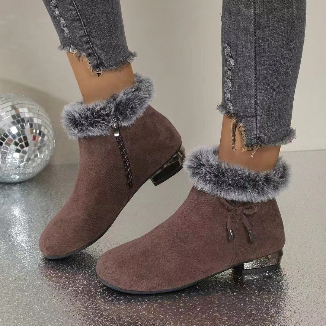 Women's suede-look ankle boots with a faux fur cuff and low heel - brown