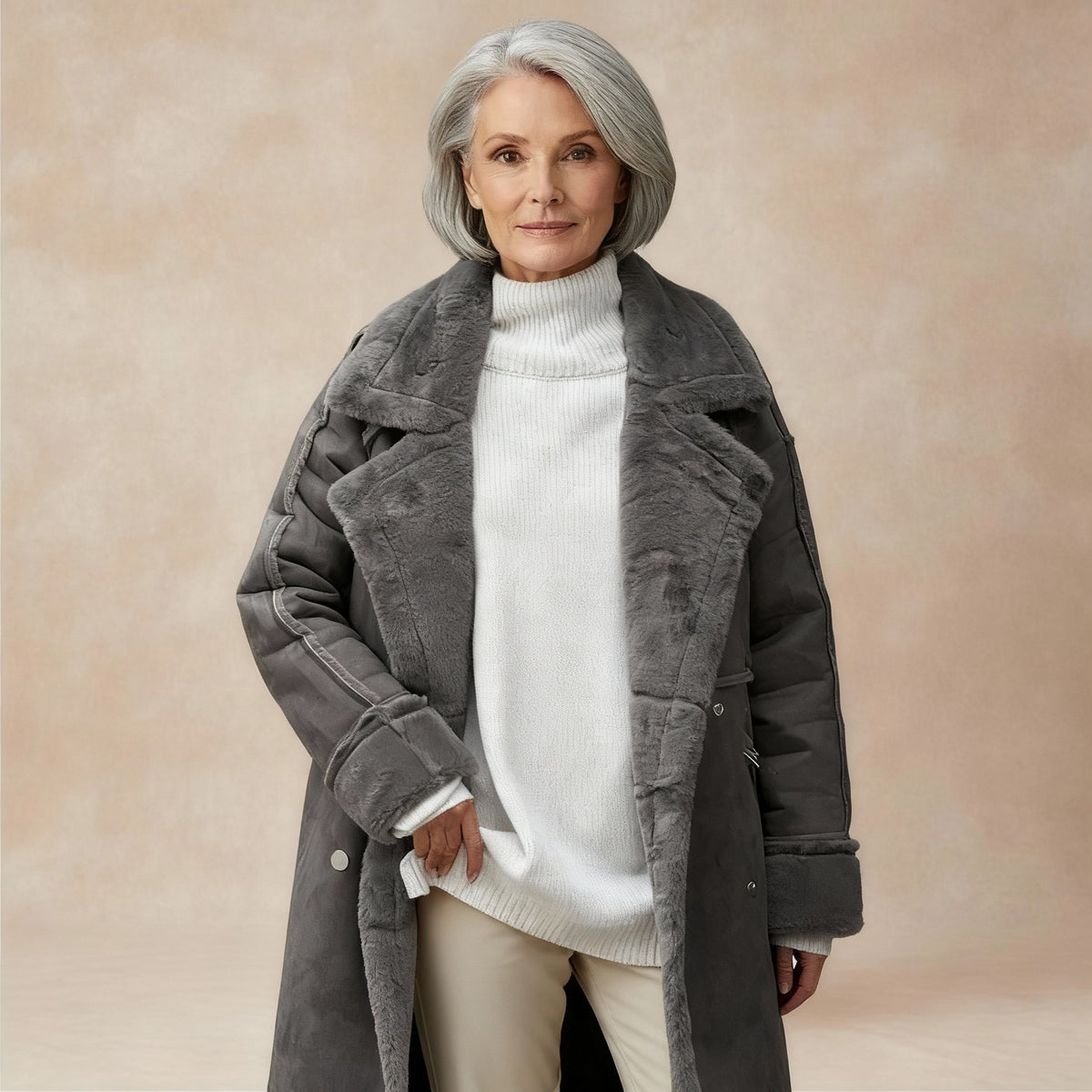 Women's suede-look coat with a teddy lining and wide teddy lapels - grey