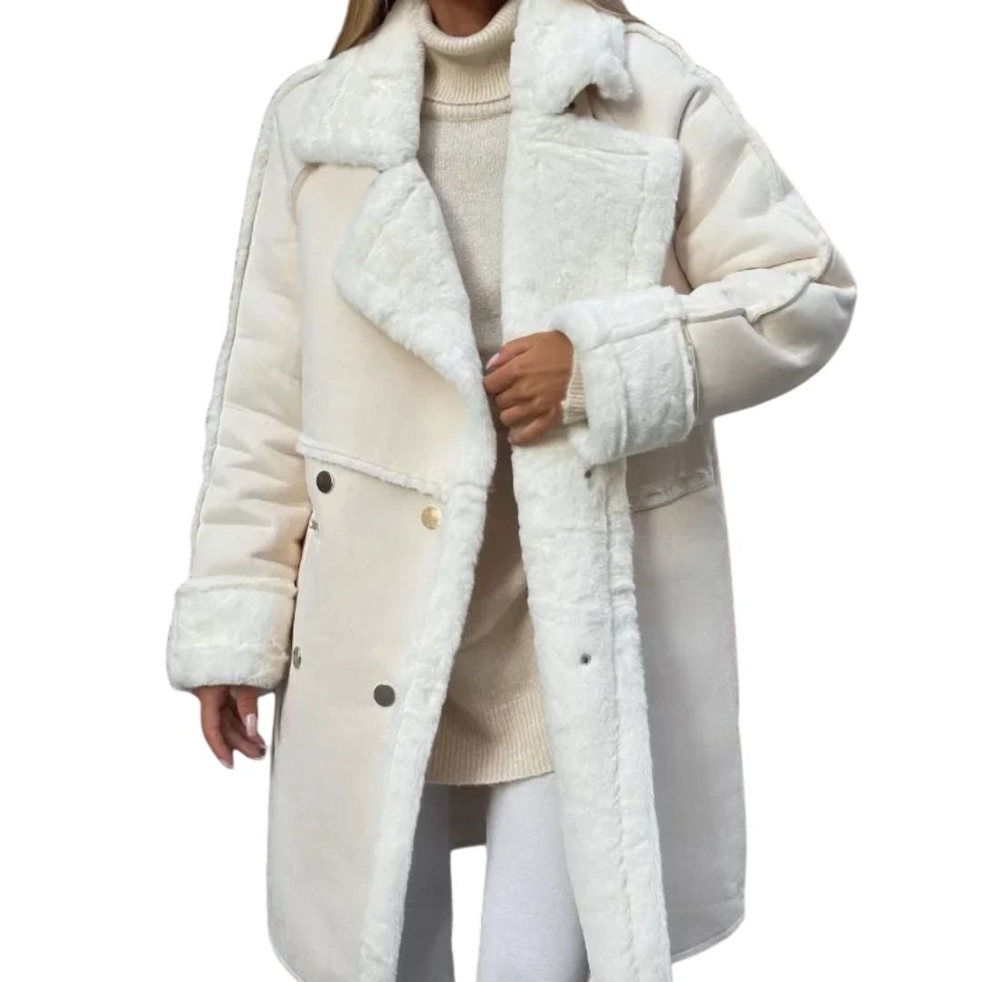 Women's suede-look coat with a teddy lining and wide teddy lapels - cream