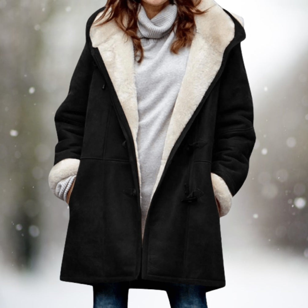 Women's suede-look duffle coat with a teddy-lined hood and toggles - black