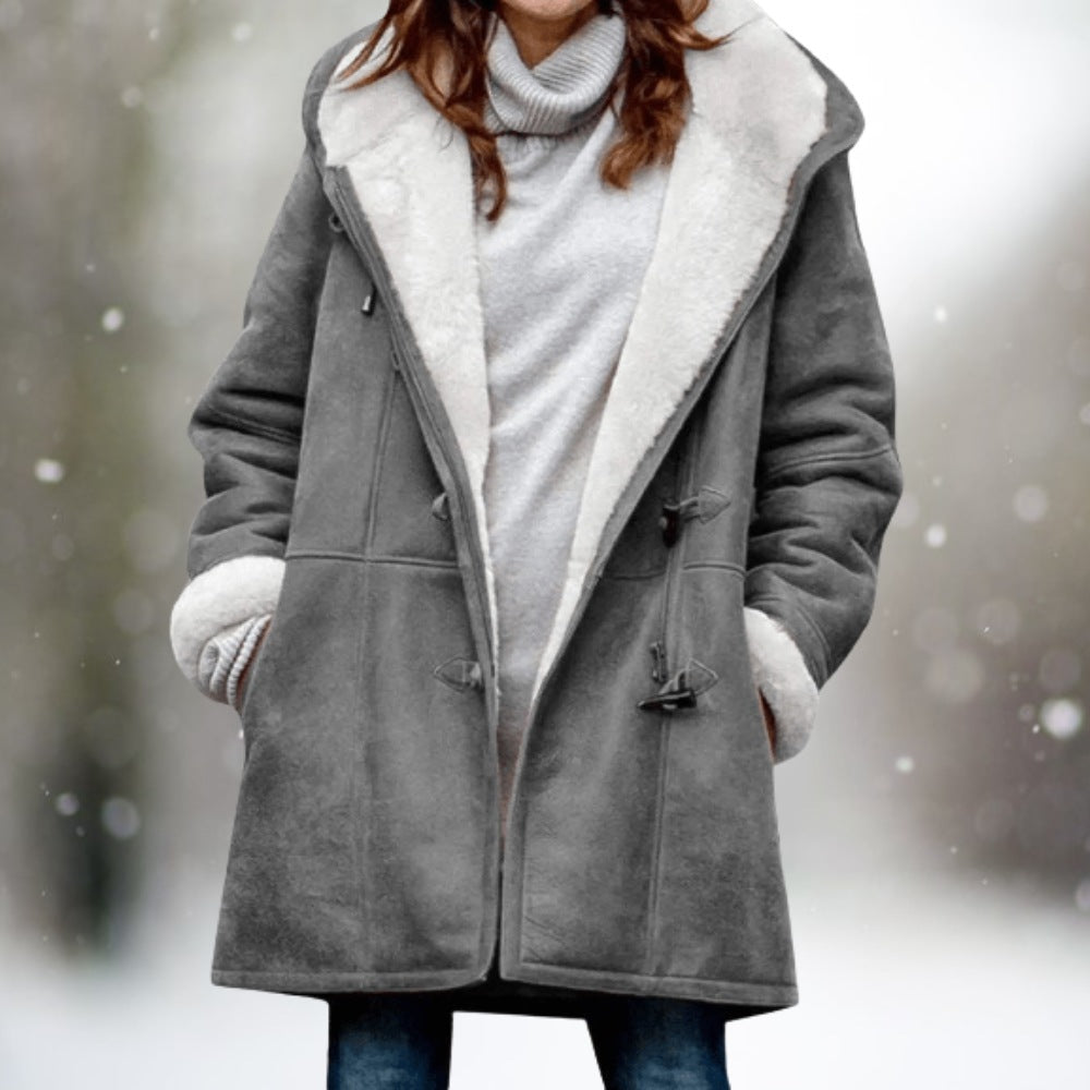 Women's suede-look duffle coat with a teddy-lined hood and toggles - grey
