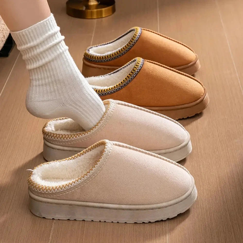 Platform slippers in suede look with open heel, plush lining and stitched trim