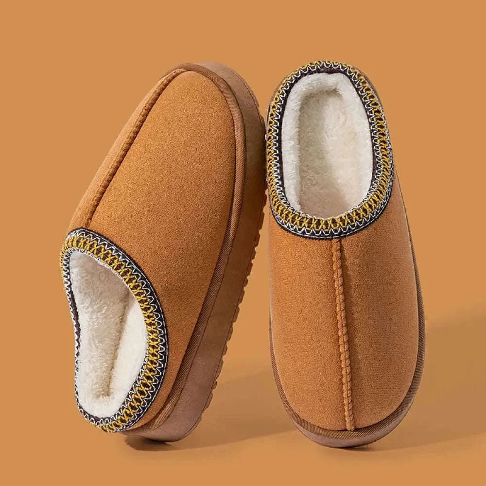 Platform slippers in suede look with open heel, plush lining and stitched trim - camel