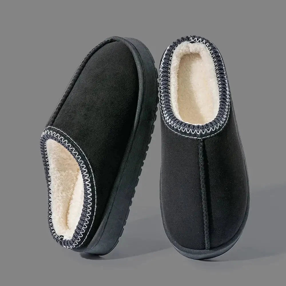 Platform slippers in suede look with open heel, plush lining and stitched trim - black