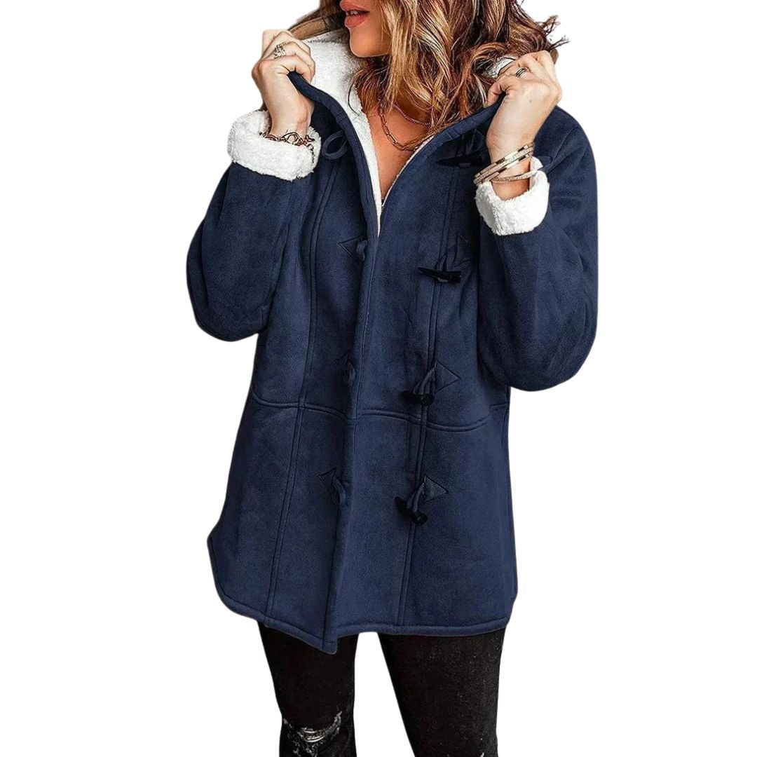 Women's suede-look duffle coat with a teddy-lined hood and toggles - navy