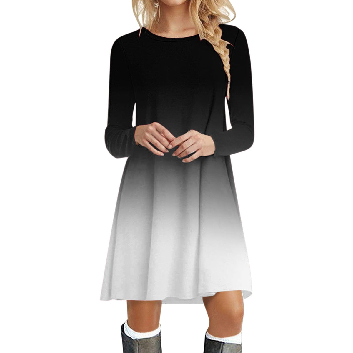 Women's loose swing Christmas dress with long sleeves and a crew neck - black to white ombre