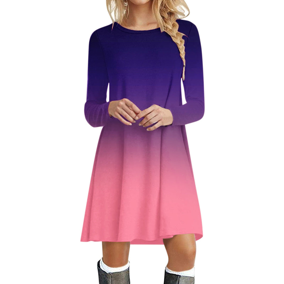 Women's loose swing Christmas dress with long sleeves and a crew neck - purple to pink ombre