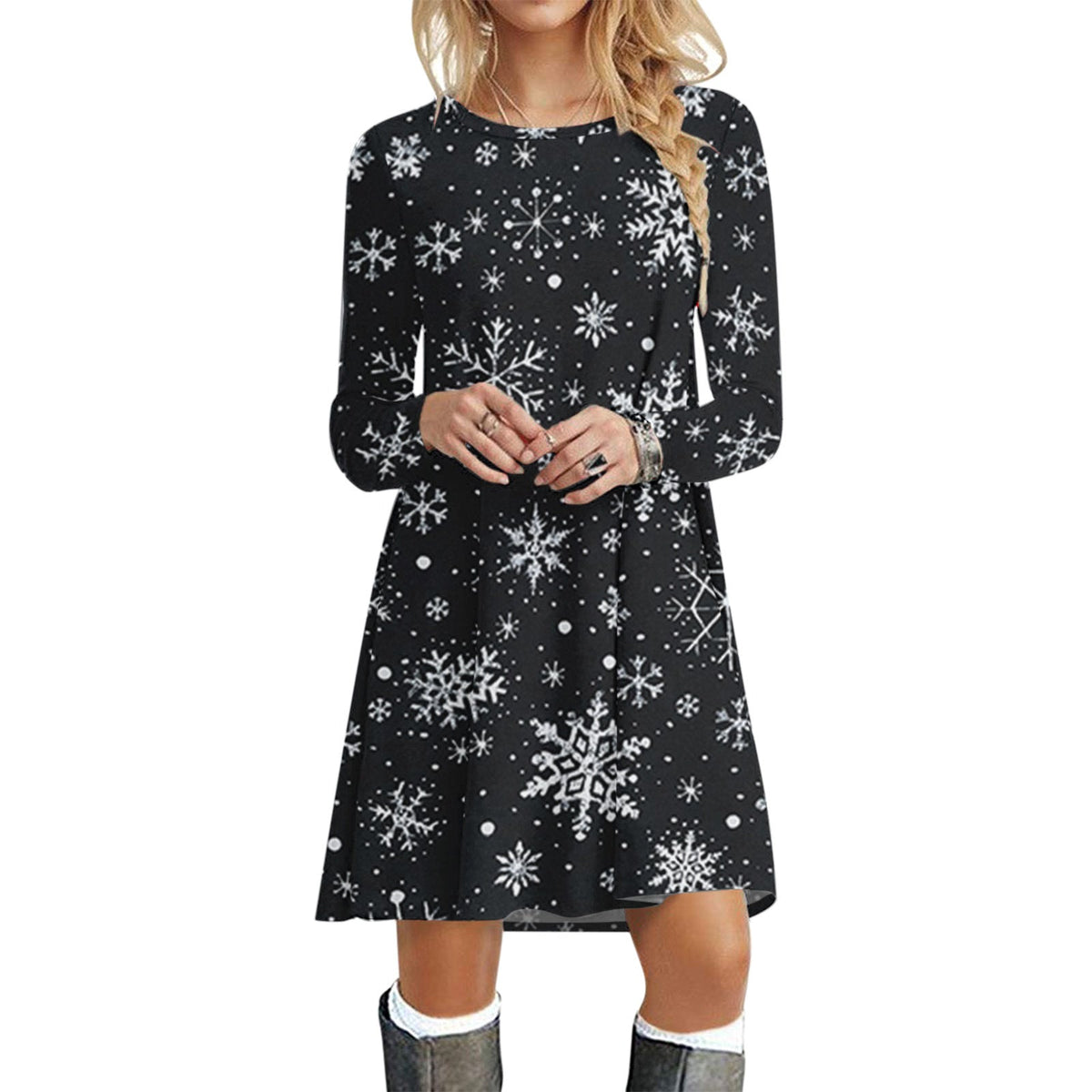 Women's loose swing Christmas dress with long sleeves and a crew neck - black snowflake