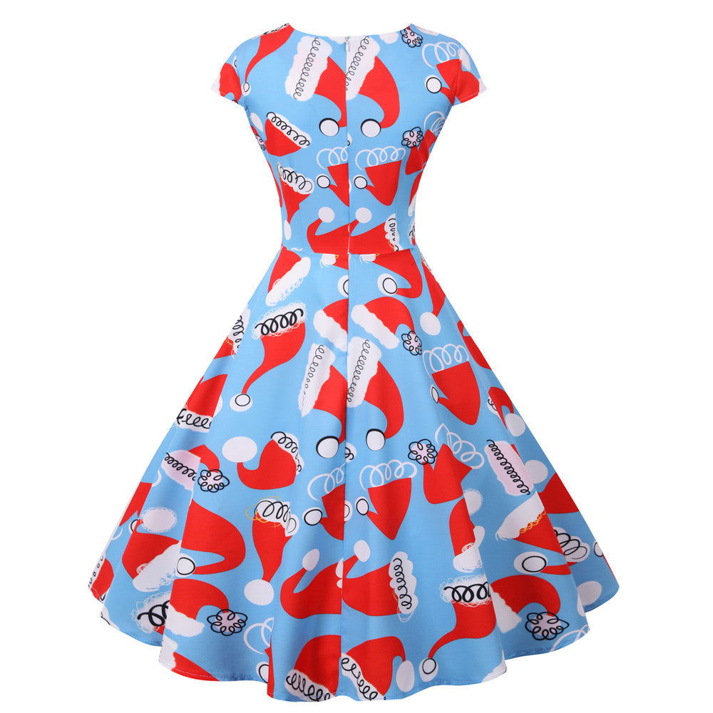 Women's swing Christmas dress with a wrap neckline, cap sleeves and full skirt