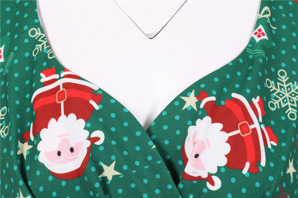 Women's swing Christmas dress with a wrap neckline, cap sleeves and full skirt