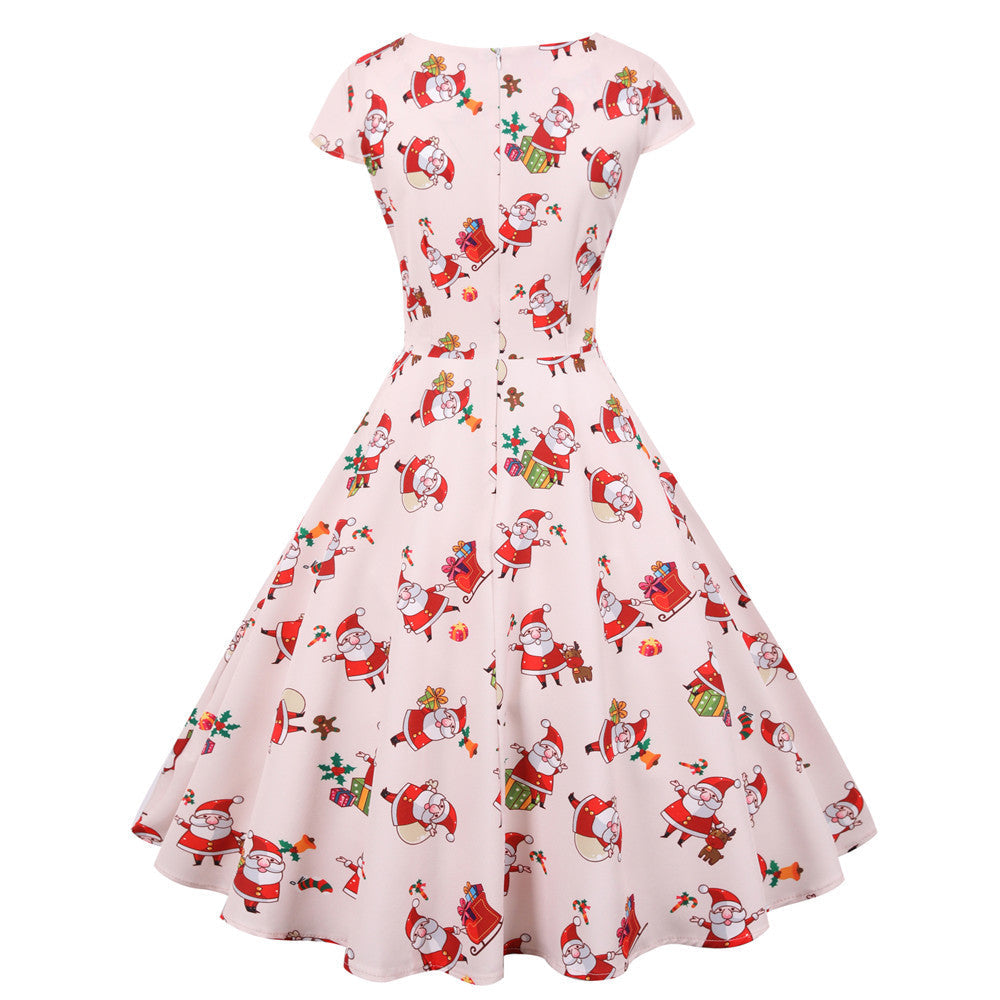 Women's swing Christmas dress with a wrap neckline, cap sleeves and full skirt