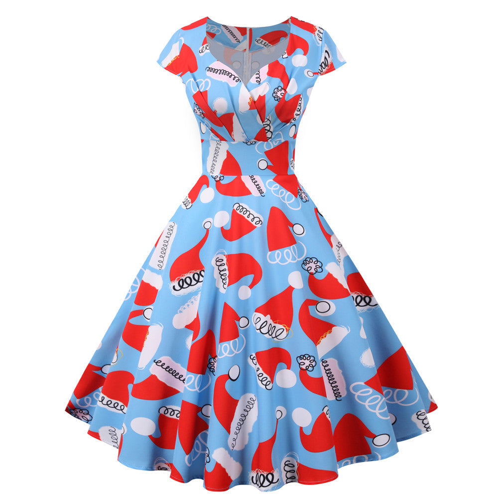 Women's swing Christmas dress with a wrap neckline, cap sleeves and full skirt - light blue santa hat