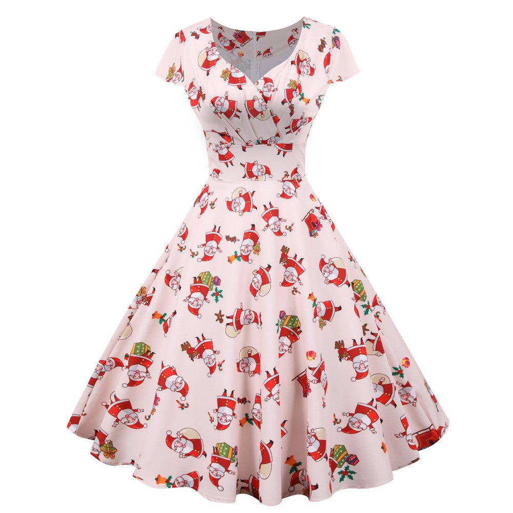 Women's swing Christmas dress with a wrap neckline, cap sleeves and full skirt - blush father christmas