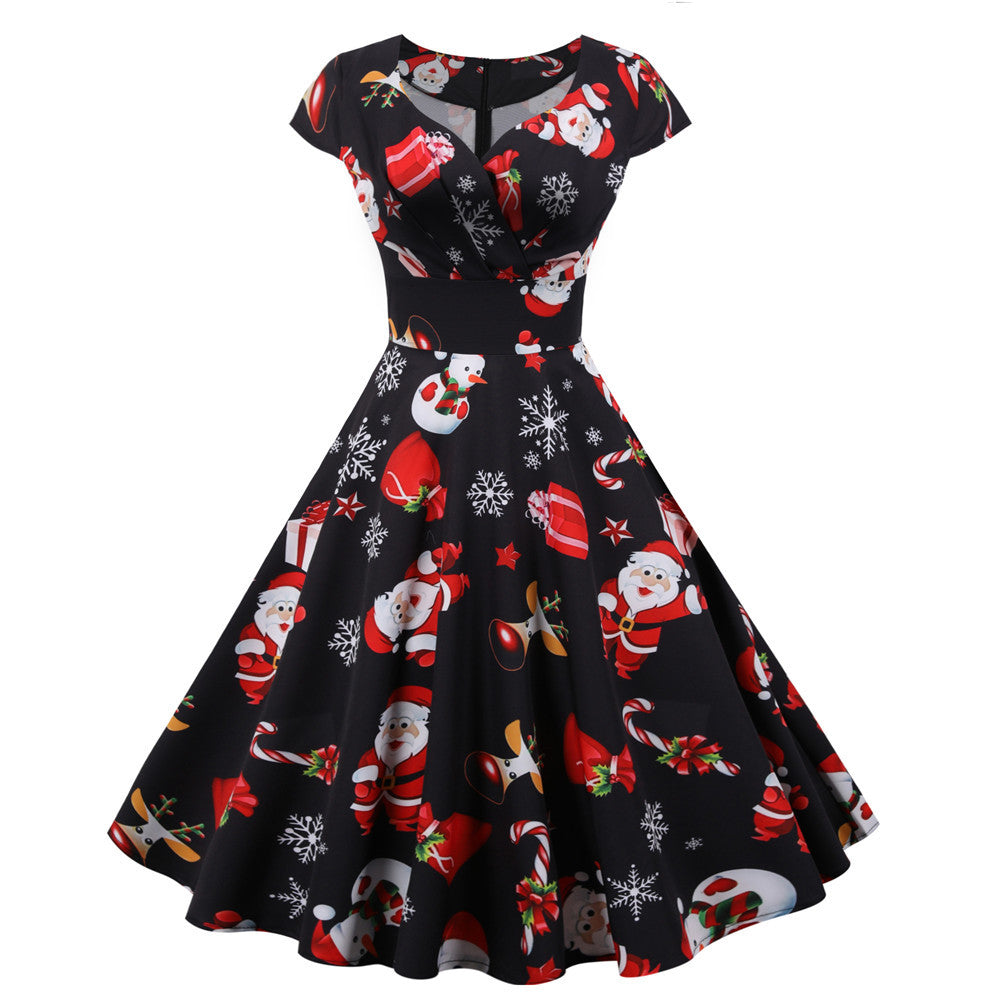 Women's swing Christmas dress with a wrap neckline, cap sleeves and full skirt