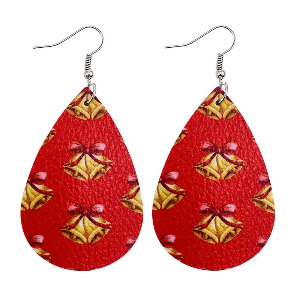Faux leather teardrop Christmas earrings with a festive print on hooks - gold bells on red