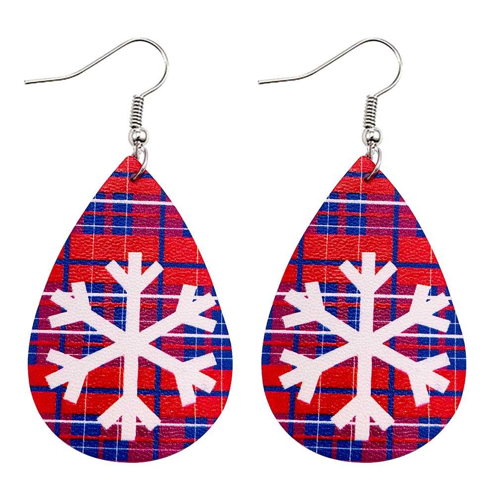 Faux leather teardrop Christmas earrings with a festive print on hooks - white snowflake on blue check