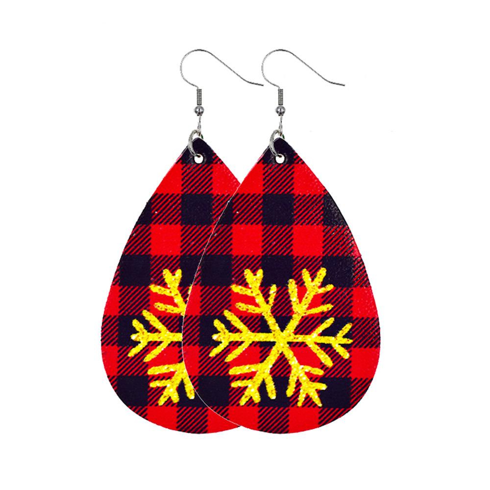 Faux leather teardrop Christmas earrings with a festive print on hooks - gold snowflake on red check