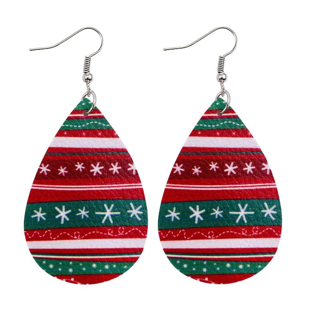 Faux leather teardrop Christmas earrings with a festive print on hooks - red and green nordic stripes