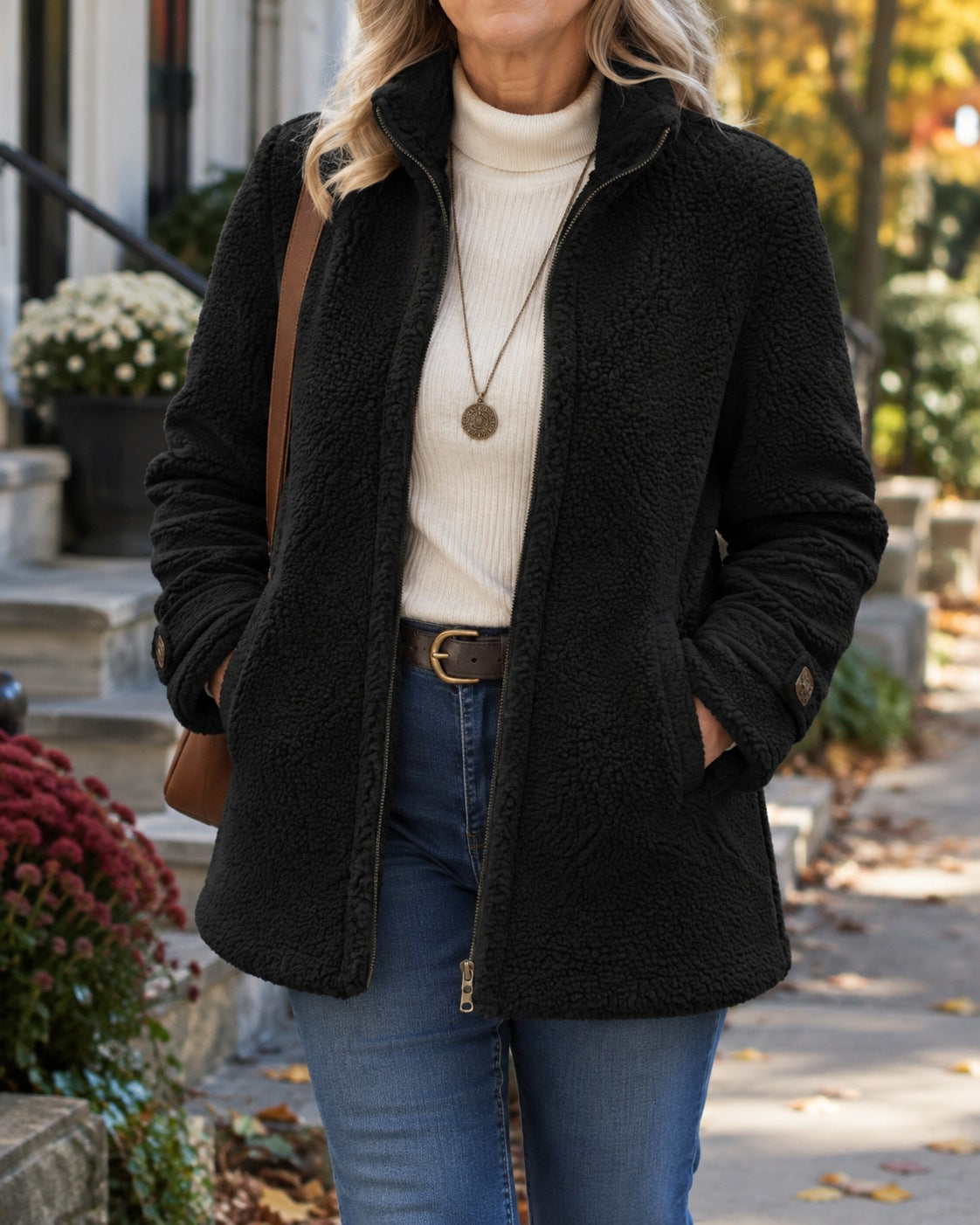 Women's teddy jacket with a stand collar and zip front - black