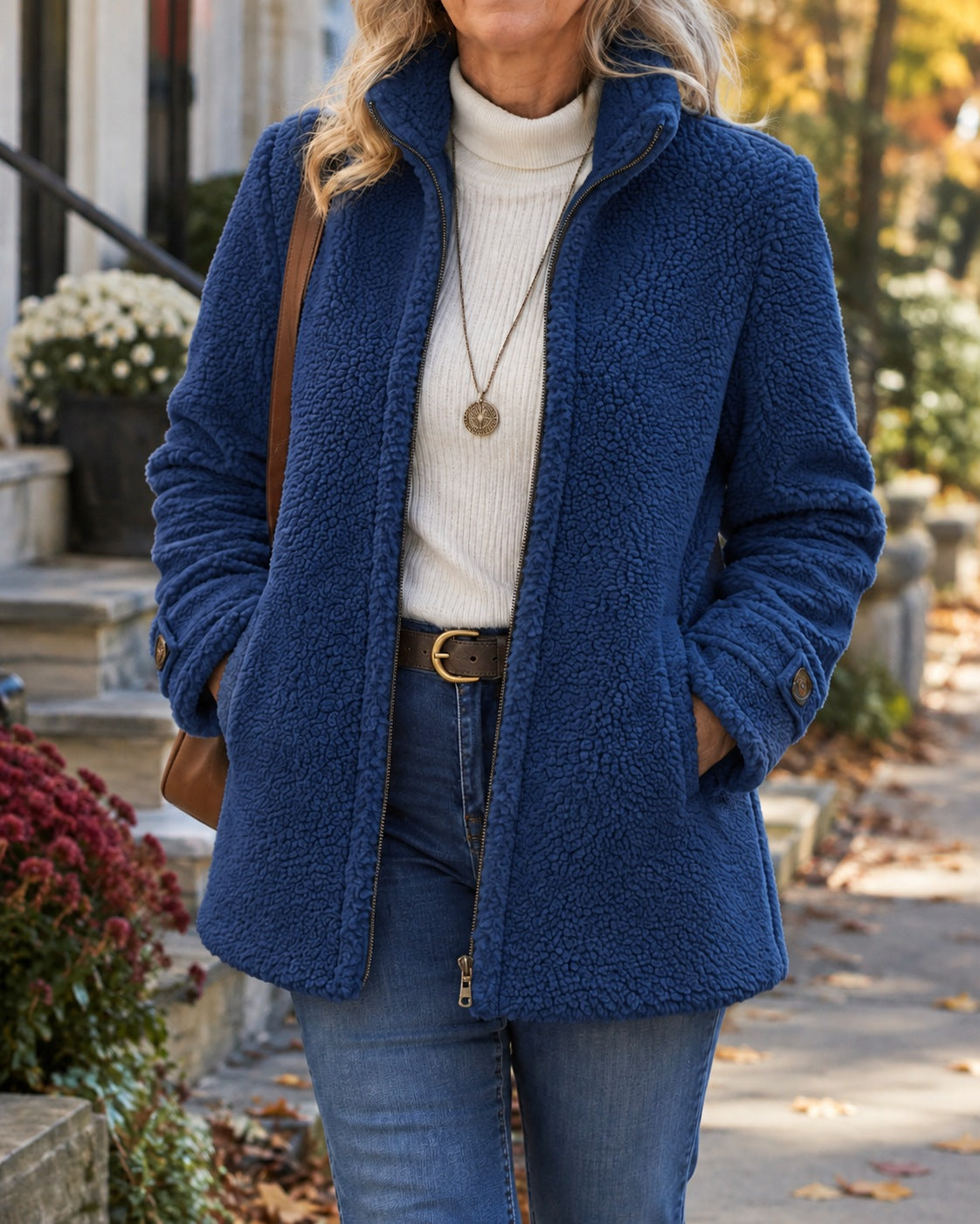 Women's teddy jacket with a stand collar and zip front - blue